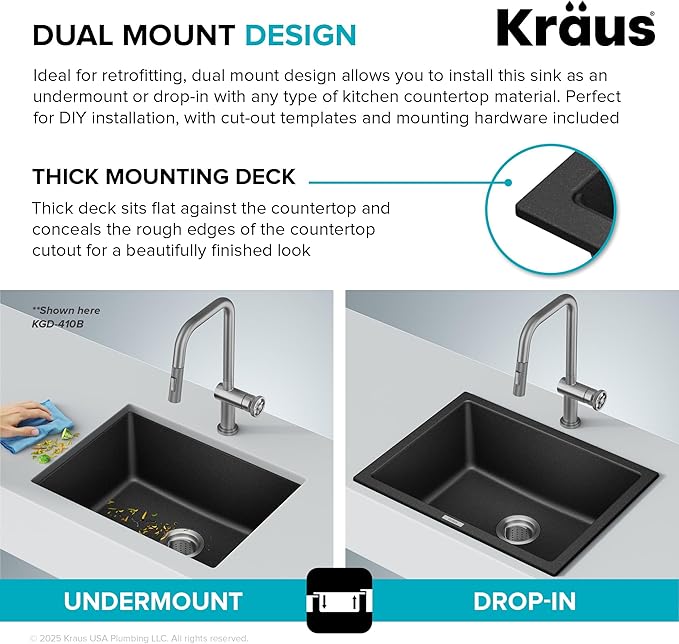 KRAUS Quarza 24-inch Granite Drop-In/Undermount Single Bowl White Kitchen Sink, KGD-410BWHITE