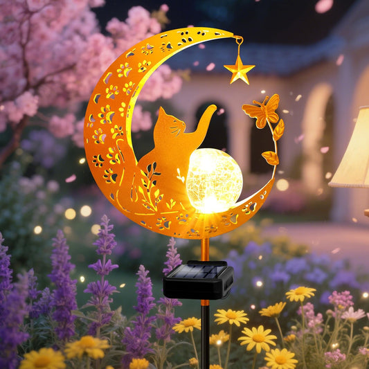 YJFWAL Garden Solar Cat Lights Pathway Stake Lights Glass Globe with Moon Cat Decor, Gifts for Mom Grandma Friends, Outdoor Decor Light Waterproof for Walkway, Yard, Patio or Garden (Warm White)