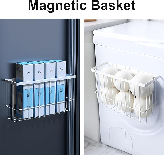 Magnetic Basket for Fridge, Magnetic Fridge Basket, Foil and Plastic Wrap Organizer with 4 hooks, Laundry Room Organization for Dryer Ball, Cling Film, Mail, Umbrella, White, 2 Pack
