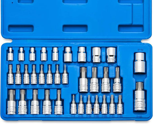 Neiko 10070A Torx Bit Socket and E-Torx Star Socket Set | 35-Piece Set, S2 and Cr-V Steel, 1/4”, 3/8” and 1/2-Inch Drive