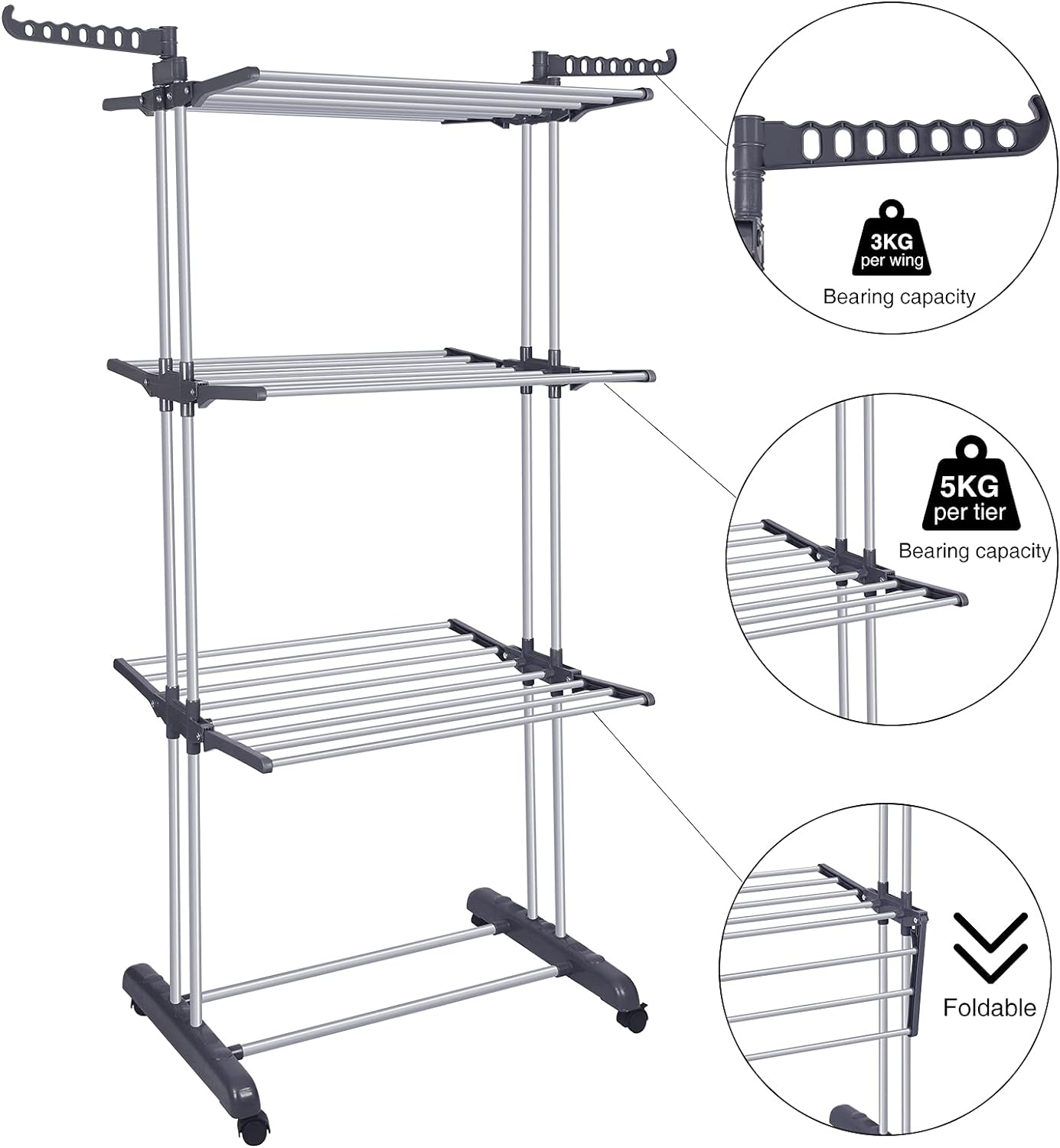 Bigzzia Clothes Drying Rack Folding Drying Rack Clothing 4 Tier Clothes Horses Rack Stainless Steel Laundry Drying Rack with Two Side Wings Grey