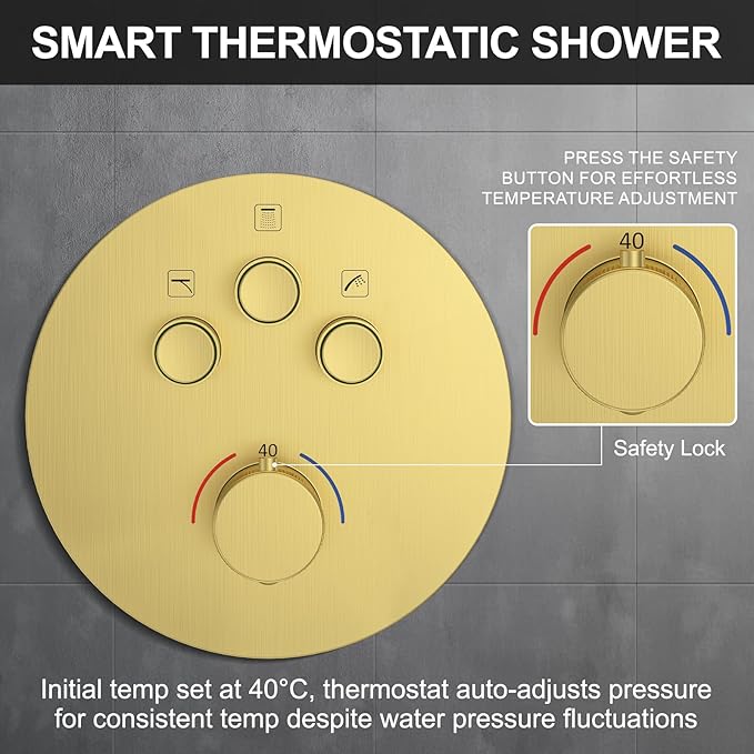 KOJOX Brushed Gold Thermostatic Shower System, Push Button Diverter Shower Faucet Set with 12" Ceiling Mount Rain Shower, 8" Wall Mount Shower Head, and 3-in-1 Handheld Spray