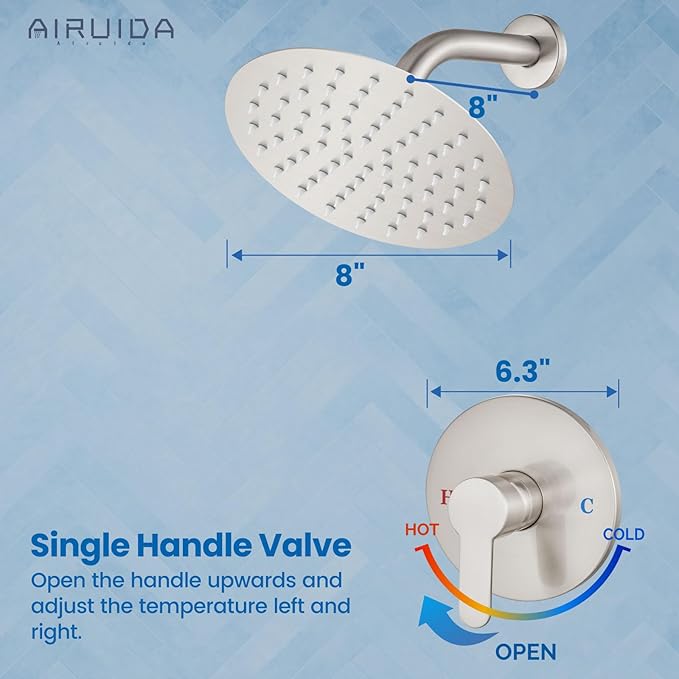 Airuida Shower Faucet Set,8 Inch Round Rainfall Shower Head,SUS304 Stainless Steel Single Handle Shower Trim Kit,Wall Mount Bathroom System with Male Threads Valve Brushed Nickel