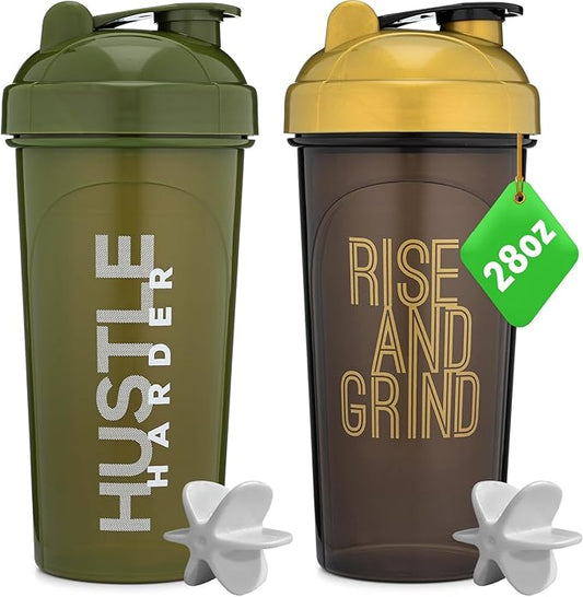 GOMOYO [2 Pack] 28 Ounce Shaker Bottle with Motivational Quotes | Protein Shaker Cup with Mixer Agitators | Blender Shaker Bottle for Protein Mixes and Pre-Workout | Dishwasher Safe