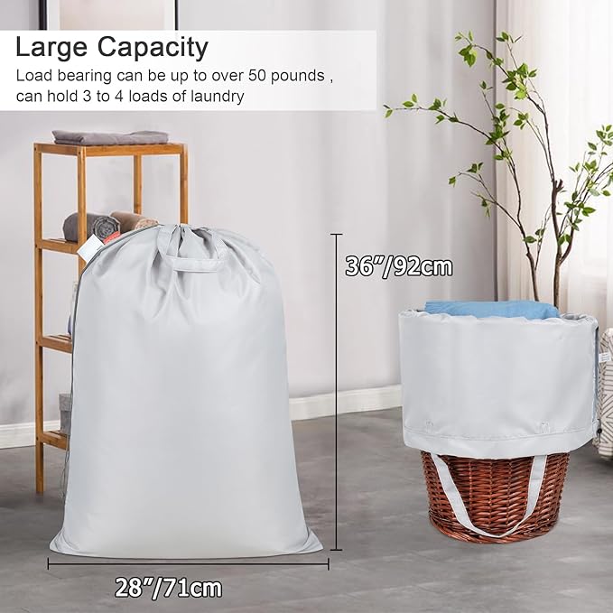 Polecasa Extra Heavy Duty Large Laundry Bag with Sturdy Handles, ID Tag & Drawstring Closure, 28 x 36 inches Durable Storage Bags, Laundry Accessory for Basket, Hamper, College, Dorm, Travel, Silver