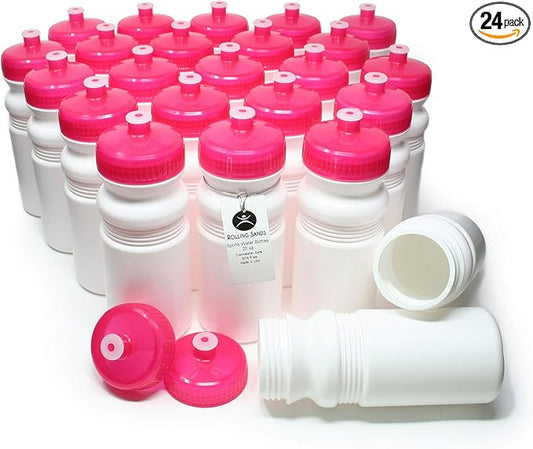 Rolling Sands 20 Ounce Sports Water Bottles 24 Pack, BPA-Free, Made in USA, Dishwasher Safe, White Bottles/Pink