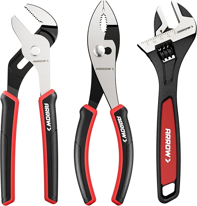 ARROW 3-Piece Pliers and Wrench Set, Includes 8 Inch Slip Joint, Groove Joint Pliers & Adjustable Wrench, Comfortable Ergonomic Anti-slip Handle for Basic Repairs