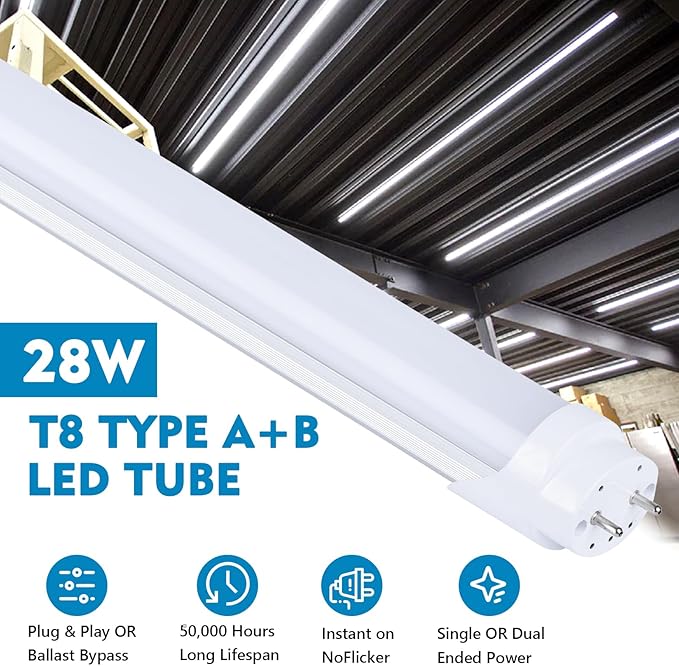 12 Pack, 4FT LED T8 Type A+B Tube Lights, 28W(80W Equivalent), 4000LM, 6000K, Frosted Cover, Single or Double End Powered, Plug and Play or Ballast Bypass, 4 Foot T10 T12 Fluorescent Bulbs Replacement