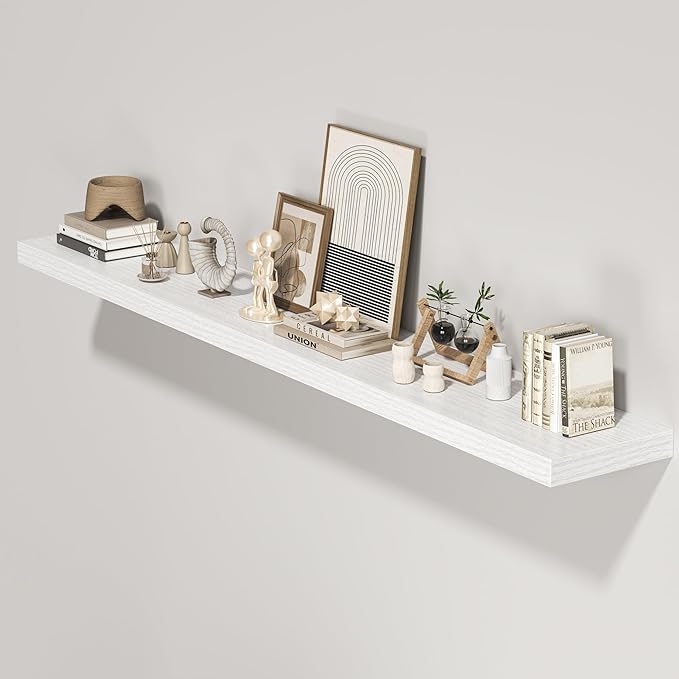 Floating Shelves for Wall, 72"W x 9.3"D x 1.5"H, Long Wooden Wall Mounted Display Shelves with Invisible Brackets for Living Room, Bedroom, Bathroom, Kitchen Decor and Storage, Set of 1, White