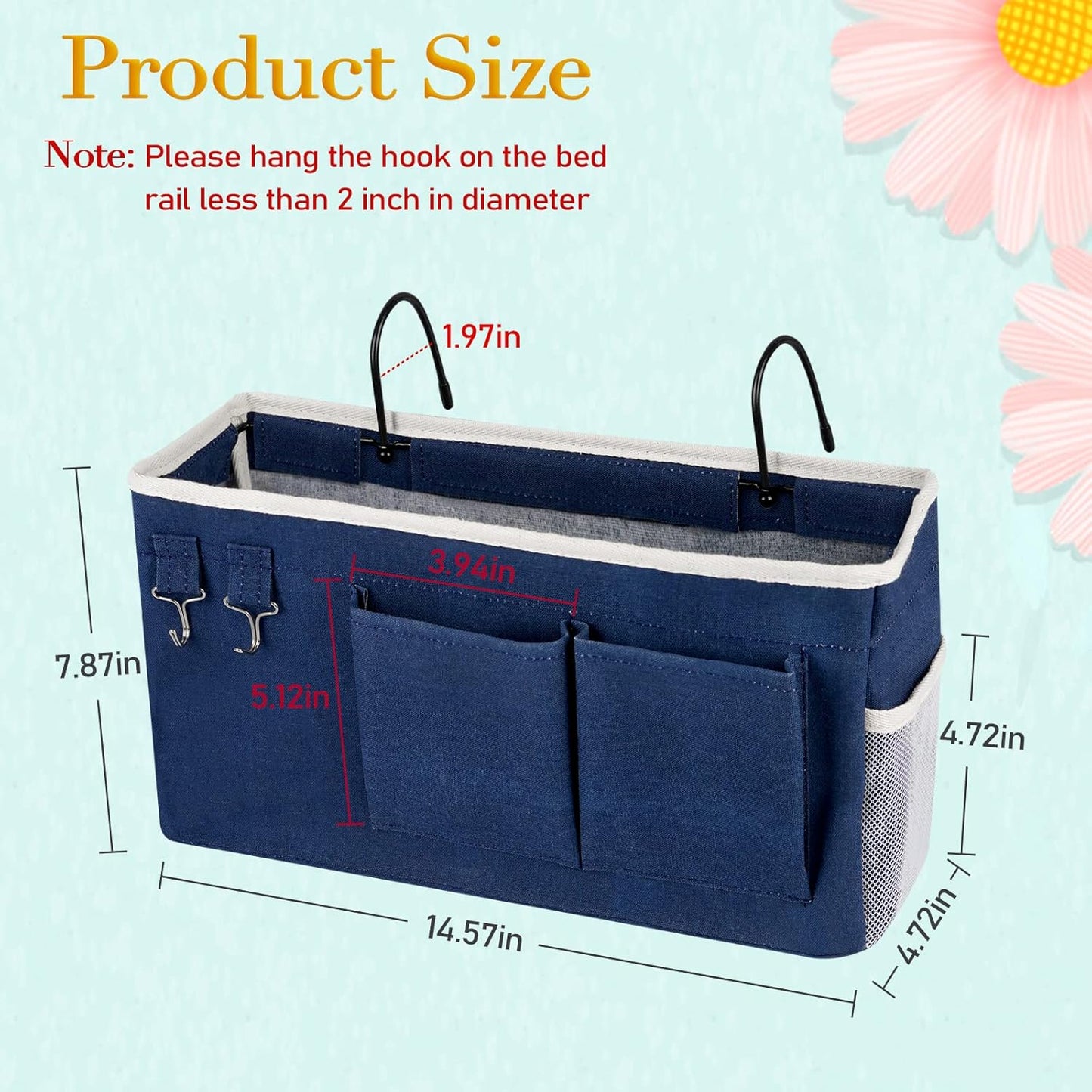 Bedside Storage Caddy/Bedside Hanging Storage Bag for Headboards Bunk Beds Dorm Rooms Book Phone Magazine Holder (2PC Navy Blue)