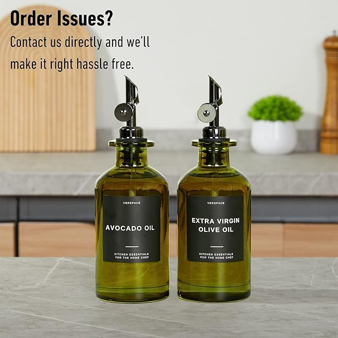 Green Glass Olive Oil Dispenser Bottle For Kitchen By Verpsace,Avocado Oil Dispenser Set, Modern Decor, Gold Kitchen Accessories for Home, Airbnb, Cafe (Black, Set of 2)