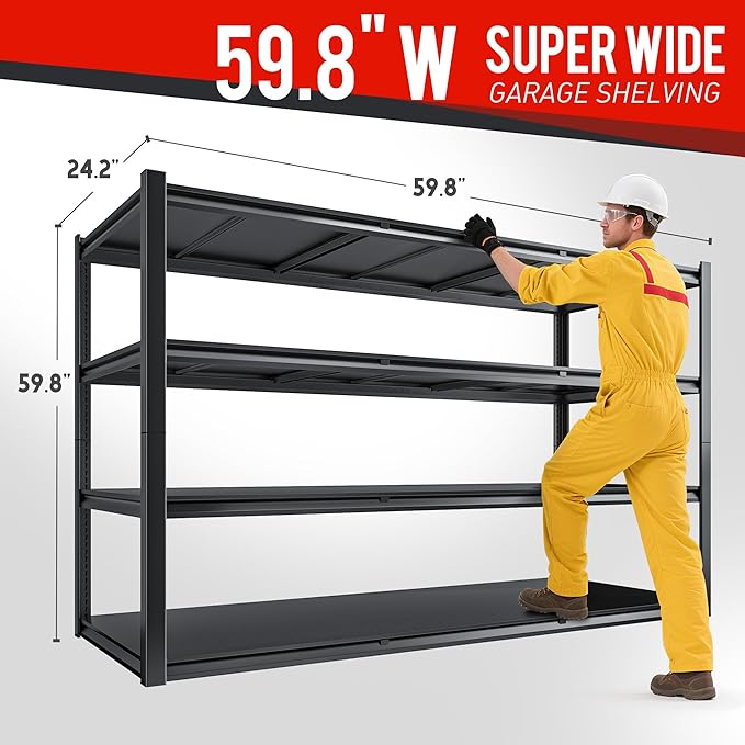 59.8" W x 59.8" H x 24.2" D Metal Storage Shelves, 2400LBS Garage Shelving Unit with Adjustable Shelf, 4 Tier Storage Rack for Garage, Pantry, Warehouse, Basement, Black, 2 Pack