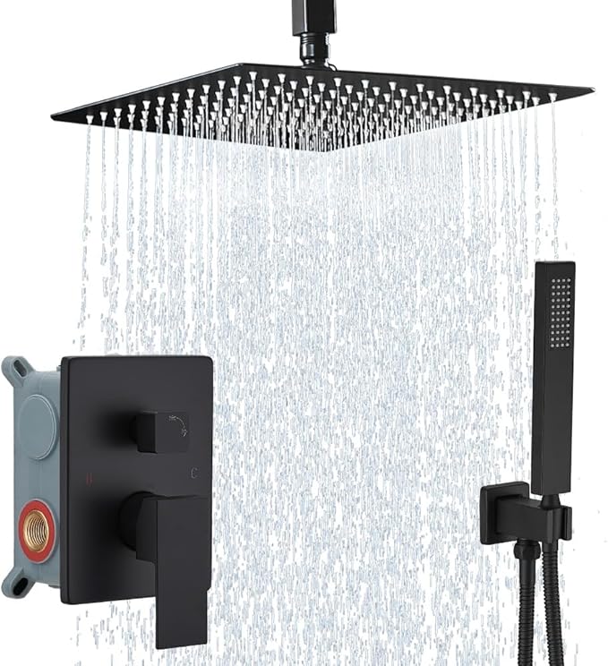 12 Inch Matte Black Ceiling Mount Shower System Bathroom Luxury Rain Mixer Shower Combo Set Ceiling Rainfall Shower Head System Faucet Contain Rough-in Valve and Trim Included