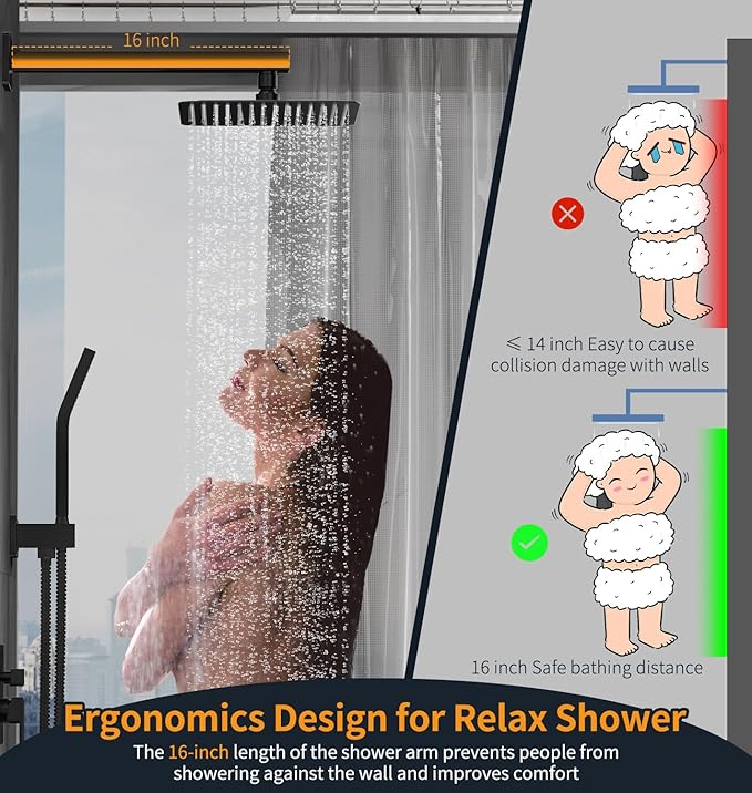 SR SUN RISE Black Square Rainfall Shower Head and Handle Set, Wall Mounted Shower Fixtures, Metal Shower Faucet Trim Repair Kits (With Shower Valve)