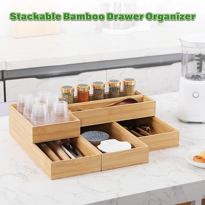 Bamboo Drawer Organizer, 2PCS Stackable Storage Boxes for Utensil Organizer, Wood Tray for kitchen, Bathroom and Bedroom 9" x 6" x 2"