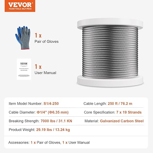 VEVOR Wire Rope, 1/4" 250 ft Zinc Galvanized Carbon Steel Cable with Gloves, 7000 lbs Breaking Strength, 7 x 19 Strands Construction Marine Aircraft Grade for Handrail Stair Decking Fence Outdoors