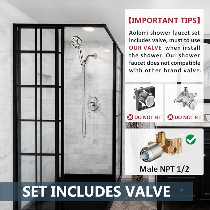Aolemi Shower Faucet Set Rain Shower Head System Shower Trim Kit Pressure Rough-in Valve Included ABS 8 Setting Single Handheld Spray Brushed Nickel