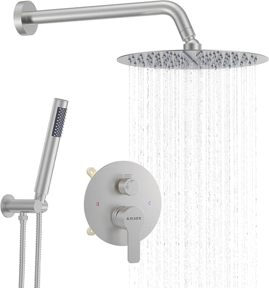 12-Inch Brushed Nickel Shower System: Ultimate High-Pressure Experience with Rainfall & Handheld Heads, Wall-Mounted Mixer, Rough-In Valve, & Trim Kit