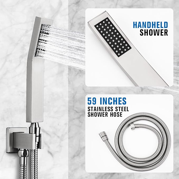 10 Inch Rainfall Shower System - Wall Mounted Complete Combo with Solid Brass Pressure Balancing Valve, High Pressure Shower Head, Handle Set & Installation Accessories Nickel