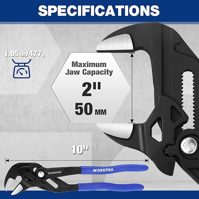 WORKPRO 10-Inch Pliers Wrench, CR-V Construction Wrench Pliers, Adjustable Parallel Smooth Jaw Pliers, Black Finish, Groove Lock Mechanism