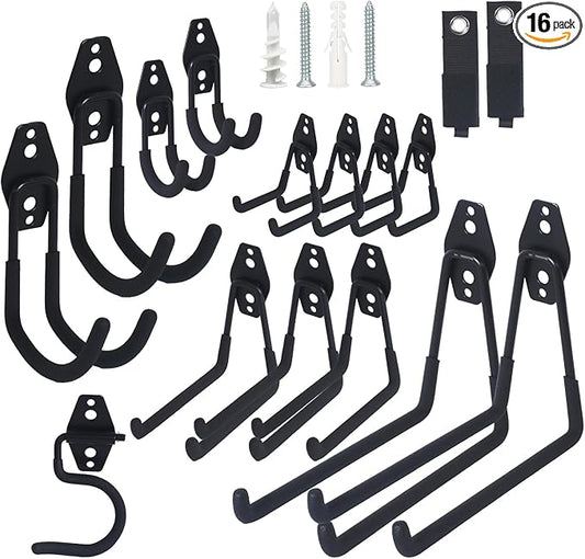 16 Pack Steel Heavy Duty Garage Hooks Storage Hooks with Anti-Slip Coating, Utility Garage Wall Mount Hanger and Organizer for Sheds, Bikes, Ladder, Rope, Broom, Shovel, Garden Power Tools, and Cords