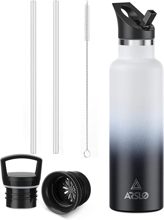Stainless Steel Water Bottle with Straw - Insulated Water Bottle for Sports, Gym, School, Commute, Adults/Kids - Keep Cold for up to 24 Hours - Sweat/Leak-proof - 2 Lids - BPA Free