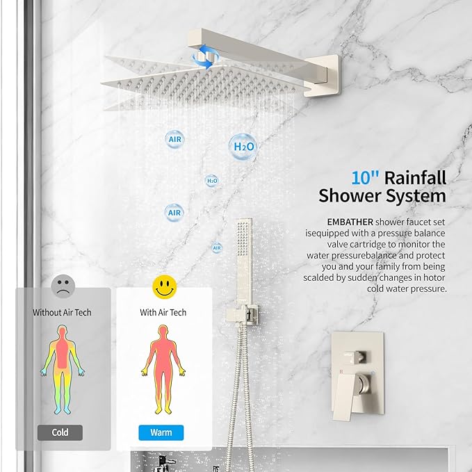 Rain Shower System Sets Faucet: EMBATHER 10 Inch Overhead Rainhead Shower Combo Set With Handheld And Valve-Luxury Modern Mixer Rainfall Brushed Nickel Shower Faucets Sets Complete