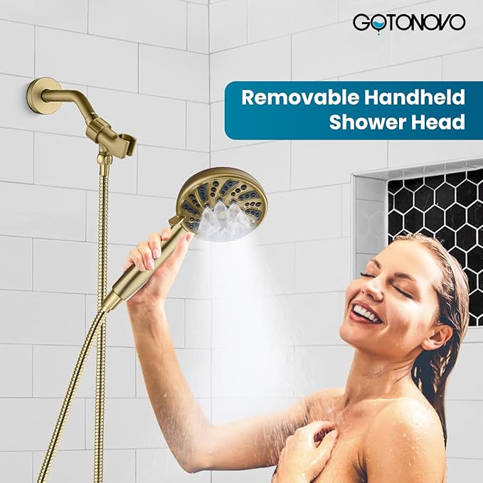 gotonovo Single-Handle Shower Faucet Set Shower Kit with Valve Shower Head and Handle Set Shower Trim Kit with 6 Modes ABS Handheld Shower Fixtures Shower Valve and Trim Kit Brushed Gold