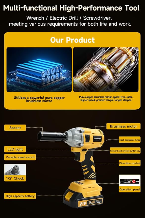 Cordless Impact Wrench 258Ft-lb (350N.m), Electric Driver for Car Tires and Home,1/2" Impact Gun with 2 Batteries and 6 Sockets, Yellow