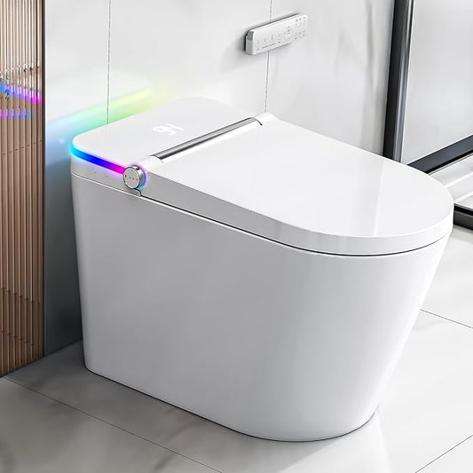 Tankless Smart Toilet with Bidet Built In, Heated Seat, Warm Water and Dry, Bidet Toilet with Foot Sensor and Night Light, Auto Flush, Auto Open/Close Lid, Wireless Remote, 1000g MAP Flush, 1.08GPF