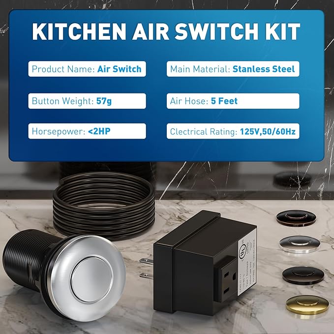 Garbage Disposal Air Switch Kit Sink Top Waste Disposal Long Stainless Steel Black On/Off Air Button Food and Waste Disposals Part, UL Listed
