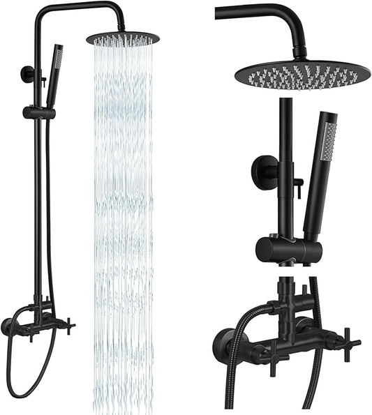 gotonovo Outdoor Shower Fixtures SUS304 Stainless Steel Rain Shower Kit Faucet High Pressure Wall Mount 2 Dual Function 8 Inch Showerhead and Handheld Spray Combo, Double Cross Handle, Matte Black