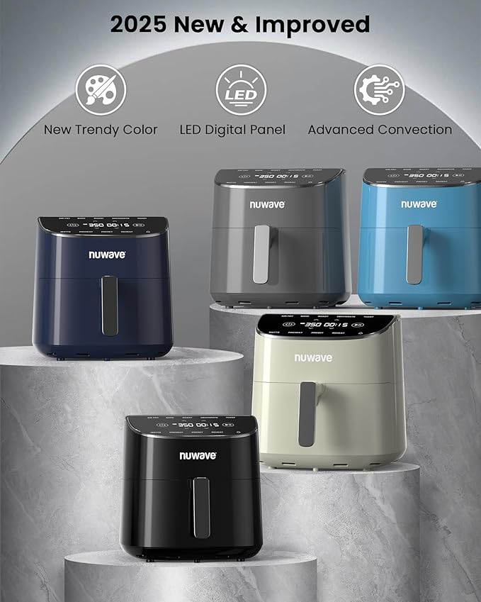 Nuwave Brio Plus Air Fryer 8 Qt, New & Improved, PFAS-FREE, 7 Digital One-Touch Cook Functions that AIR FRY, BAKE, ROAST, DEHYDRATE, TOAST, REHEAT, PREHEAT, 150 Presets, 50°F~400°F (Deep Blue)