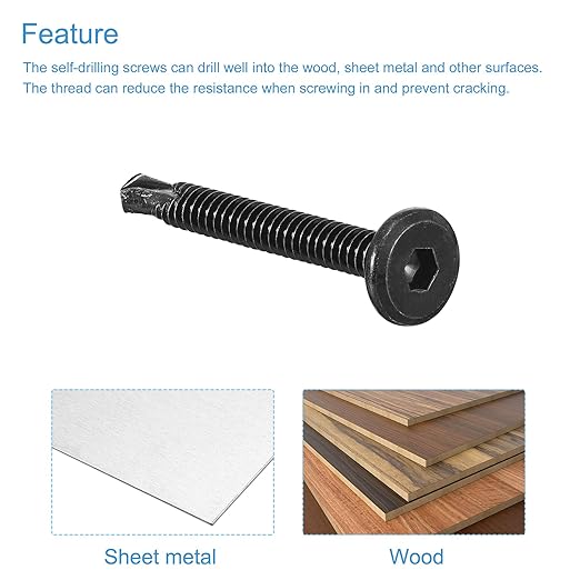 uxcell Hex Socket Self Tapping Screws, #10 x 1-3/4" 410 Stainless Steel Sheet Metal Flat Head Drilling Screw 50pcs, Black