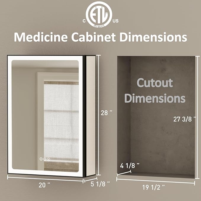 20x28 Inch Medicine Cabinet with Lights and Mirror, Recessed or Surface Mount LED Bathroom Medicine Cabinet, Anti-Fog, Adjustable Shelf, Dimmable Light, Outlets & USB, ETL Listed, Left Hinge,Black