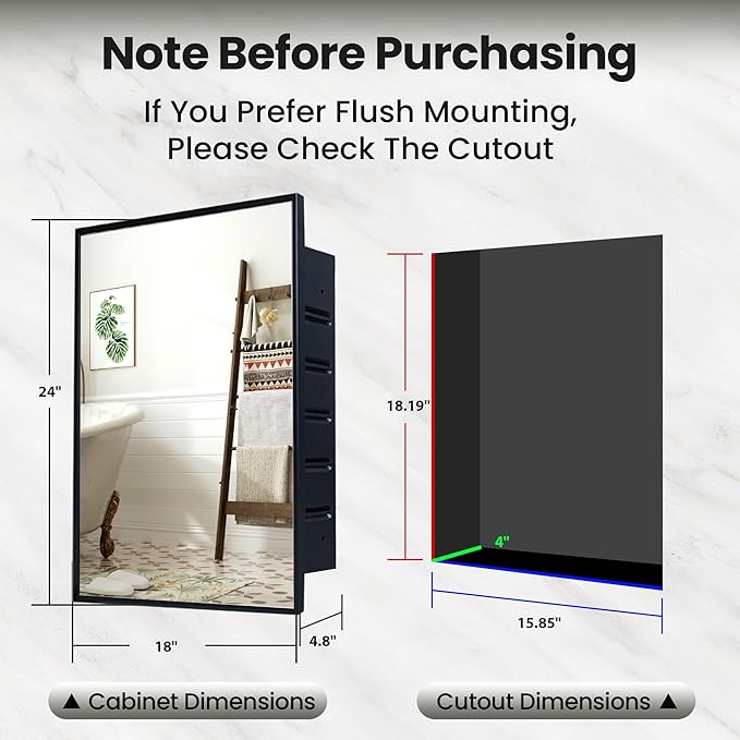 Recessed Medicine Cabinets with Mirror, Black Bathroom Mirror with Storage, Rectangle Medicine Cabinet Vanity Mirrors, Farmhouse Metal Framed Wall Mirror Recessed or Surface Mount, 18x24 Inch