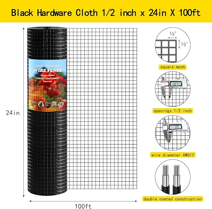 Thinkahead Black Hardware Cloth 1/2 inch 24 X 100 ft 19 Gauge Vinyl PVC Coated Wire Mesh Roll Galvanized Welding Chicken Wire Fencing, Garden Fence, Rabbit Wire, Home Improvement Project.