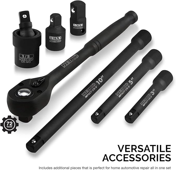 NEIKO 02446A 1/2" Impact Socket Set, 35 Piece, Deep Socket Kit Assortment, Standard SAE (3/8”-1-1/4”) and Metric MM (10-32mm) Sizes, Includes Ratchet Handle and Impact Extension Bars