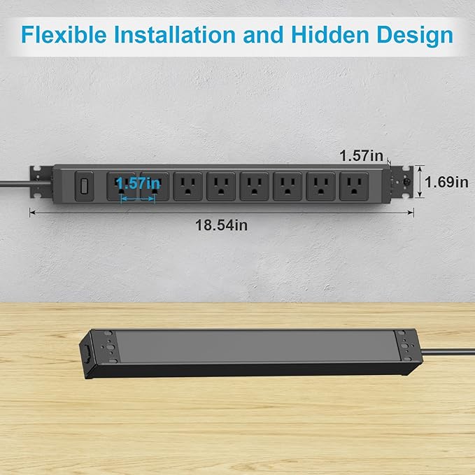 HHSOET 2 Pack Metal 360° Rotating Mountable Power Strip, 8 Outlet Gaming Table Mounted Outlet Strip, Heavy Duty Wall Mount Surge Protector with Switch, 15A 125V 1875W, 15ft Power Cord.(Black)