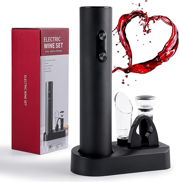 Electric Wine Opener Set with Battery Operated Corkscrew,Vacuum Stopper, Wine Pourer, Foil Cutter, Storage Base. Gift for Wine Lovers and Friends, Small, Black