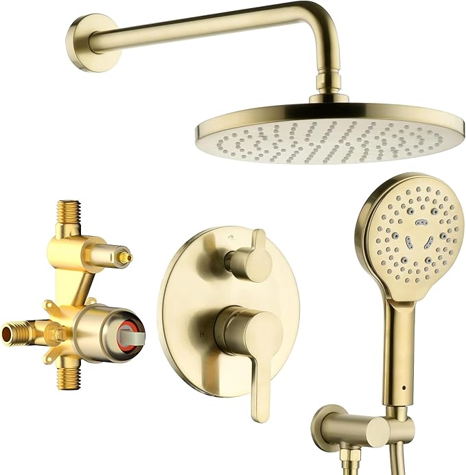 Brushed Gold Shower Faucet Set, Wall Mount Rain Shower System 10 Inches Shower Head and Shower Handheld, Included Pressure Balance Valve and Trim Kit
