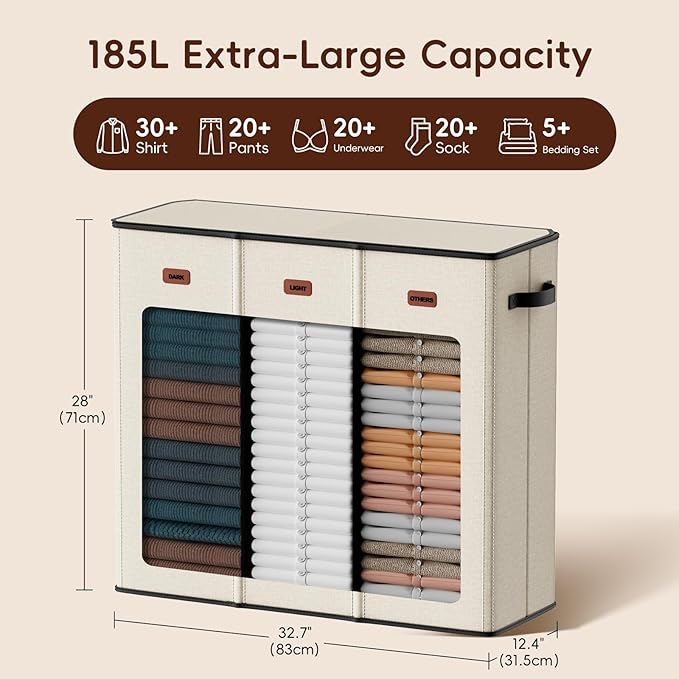 185L Laundry Hamper 3 Section, Laundry Hamper with Lid, Dirty Clothes Hamper with 3 Removable Washing Bags, Extra Large Laundry Basket Organizer for Bedroom, Laundry Room, Dorm - Beige