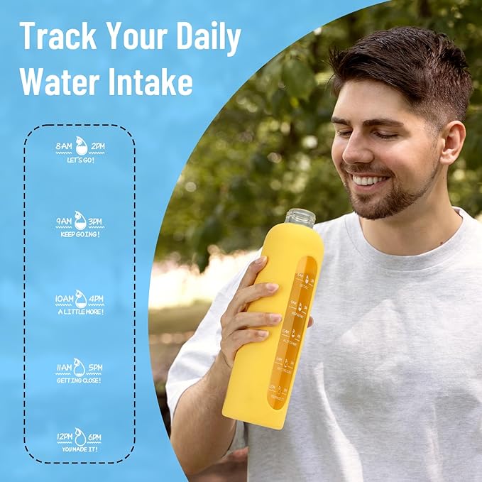 Sursip 32 oz Glass Water Bottle with Time Marker,1 Liter BPA-Free Reusable Motivational Water Bottle with Non-Slip Silicone Sleeve and Bamboo Lid, Ice Cube Tray, Leak-Proof, Dishwasher Safe