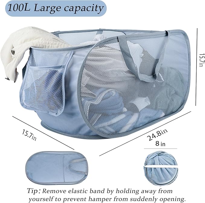 Extra Large Mesh Pop Up Laundry Hamper 2 Pack, 100L Foldable Laundry Baskets, Dirty Clothes Hamper with Pocket, Collapsible Hampers for Travel, Nursery, Dorm or Home. Grey 2H