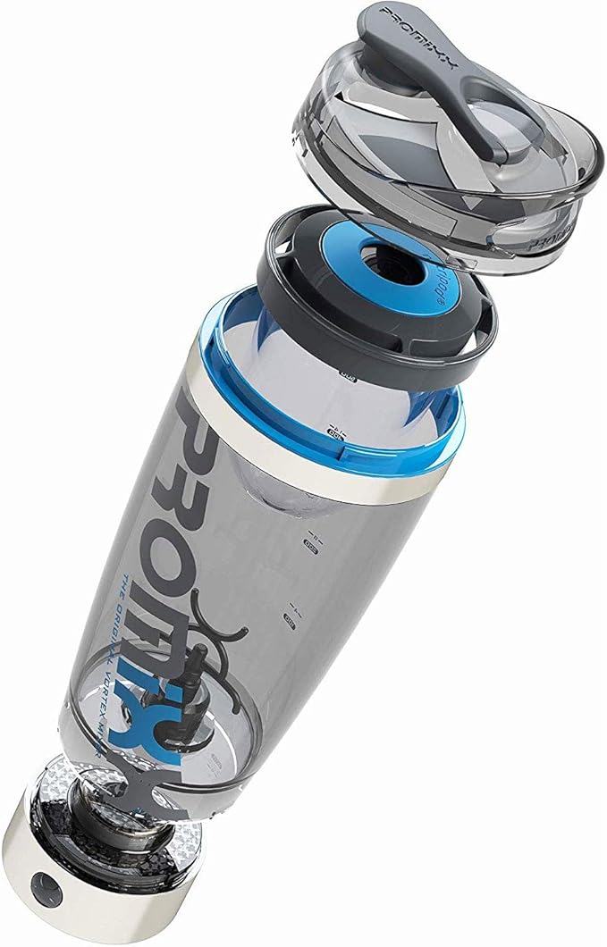 Promixx Pro Shaker Bottle (iX-R Edition) | Rechargeable, Powerful for Smooth Protein Shakes | includes Supplement Storage - BPA Free | 20oz Cup (Silver Blue/Gray)