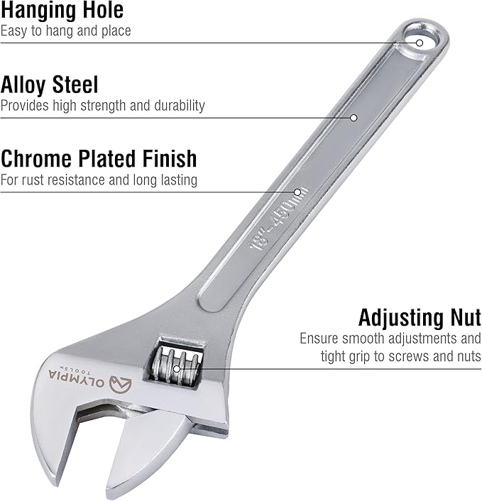 Olympia Tools 18" Adjustable Wrench, Heavy Duty Drop Forged Steel, Chrome Plated, Precision Machined Jaws, Rust Resistant