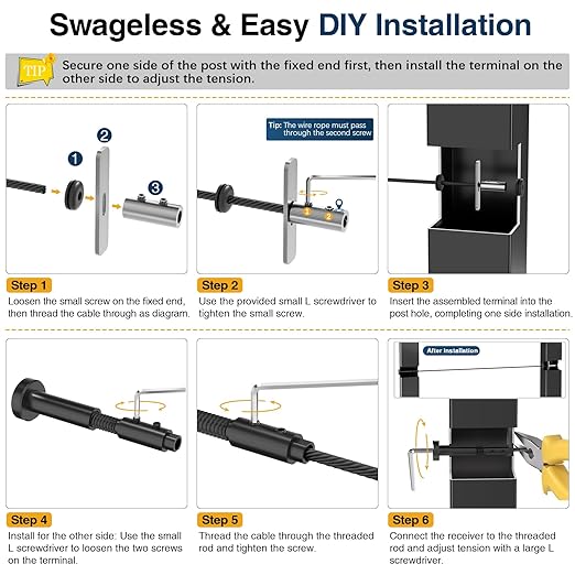 [Patent] Gyykzz Black Swageless Invisible Cable Railing Kit, T316 Stainless Steel Reusable 10PCS Tensioner & 11PCS Fixed End, Screw-Locking Hardware No Crimping Fit for 2"x2" Metal Railing Post System
