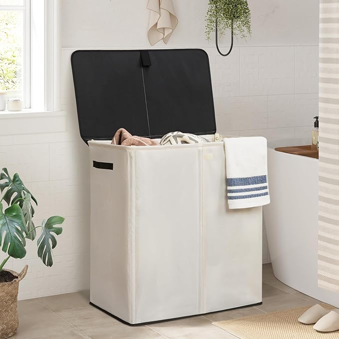 WOWLIVE Laundry Hamper with Lid,160L Large Laundry Basket 3 Section with Removable Washing Bags,Collapsible Waterproof Dirty Clothes Hamper for Laundry Room Bathroom Dorm,Beige