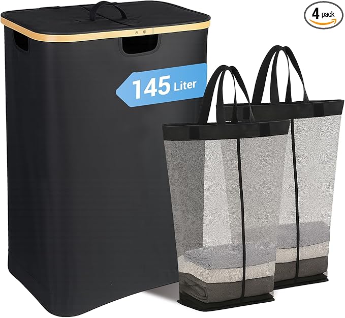 145L Double Laundry Basket with Lid, 2 Section Dirty Clothes Hamper with 2 Removable Bags for Bedroom, Bathroom, Dorm, Black