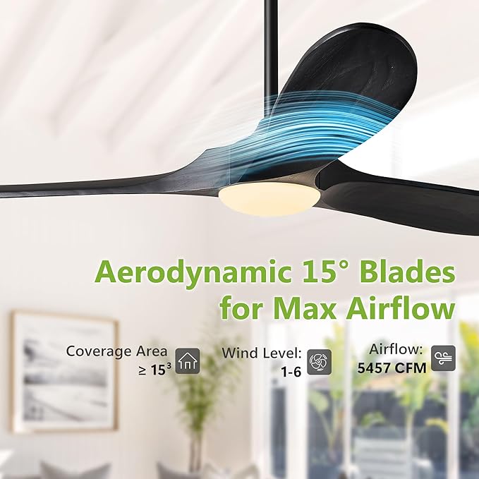 52 Inch Ceiling Fans with Lights and Remote Control, Wood Outdoor Ceiling Fan with Light 3 Blade Modern Black Ceiling Fans Propeller for Patios Porch Garage, ETL Listed DC Motor, Matte Black